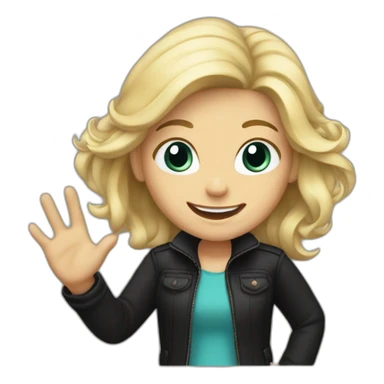 blonde girl in a black jacket waves her hand and smiles sticker