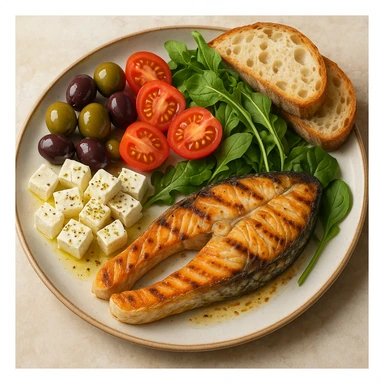 realistic illustration of a colorful Mediterranean meal plate with olives, tomatoes, feta cheese, grilled fish, bread, and fresh greens sticker