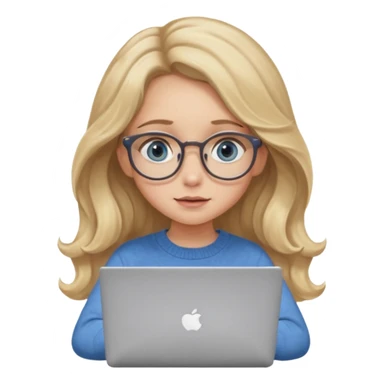 blonde girl with long dark blonde wavy hair, blue big eyes, pantos-style glasses, a brown colored sweater, sitting and looking in laptop, soft pastel, upper body shot sticker