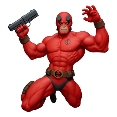 cinematic realistic superhero Hellboy by Mike Mignola jumps and shoots sticker