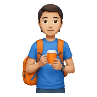 an asian man in blue t-shirt with orange cup of coffee and backpack on the back. Eiffel tower on the background. shoulder length  sticker
