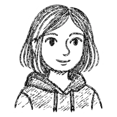 designer girl with blue eyes, shoulder-length brown hair with blonde streaks, black hoodie sticker