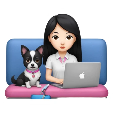 Blue back ground, Asian girl with long black hair working on an Apple laptop, next to her is a small black and white dog with pink collar on  sticker