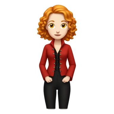 Pale girl with wavy ginger hair meditating with red corset, black pants, black shoes, long red jacket sticker