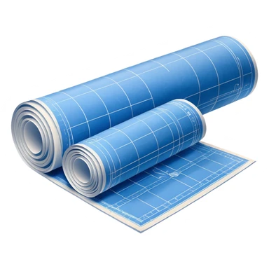 half rolled up blue blueprint plan with white architectural lines, perspective angle sticker