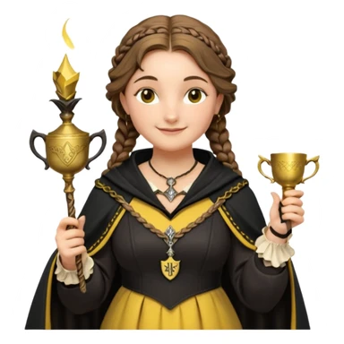 Helga Hufflepuff,the Hogwarts founder of Hufflepuff,brown-haired,2braids,yellow-black medieval dress with black cloak decorated with gold braiding,flickering magic wand and tiny two-handled shiny gold cup engraved with the badger silhouette,very kind smile,curvy busty sweet sticker