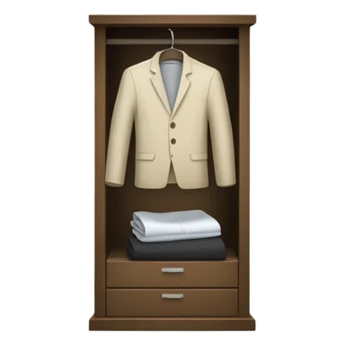 Design an emoji-style icon of an open wardrobe with clothes hanging inside. Include details like a wooden frame, hangers, and only black or white different clothing items such as shirts or any other clothing . Use a clean and minimalistic design. sticker