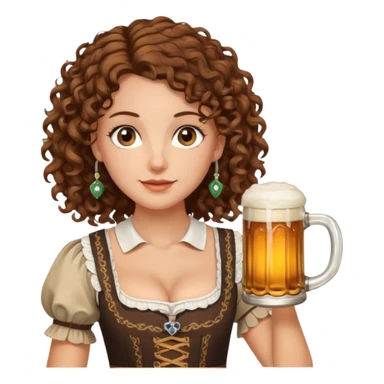 A white woman with brown, shoulder-length curly hair and brown eyes she is wearing a dirndl and holding a beer stein sticker