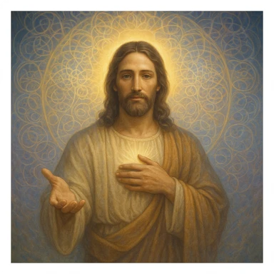 Christ Guardian of Mind, compassionate protector with glowing aura, one hand over heart and other extended outward, ethereal patterns representing thought and clarity, peaceful spiritual style sticker