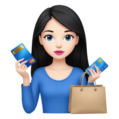 Girl with long black hair, pink lipstick, brown eyes holding shopping bags and blue credit card sticker