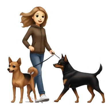 A light brown haired girl, walking one small black and tan miniature Pinscher and one big light brown Spitz on the lead sticker