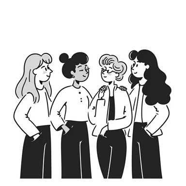 group of four 25-year-old female friends up to waist, drawing style, no bangs, all with middle part hair. From right to left: blonde straight hair with cheeks, slim brunette, blonde wavy hair, slim brunette with very long hair. All wearing casual clothes, neutral background, friendly atmosphere. sticker
