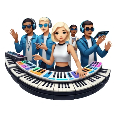 Icon for Electronic Music: Jean-Michel Jarre, Moby, DJ Tiesto, and Jorn van Deynhoven performing with synthesizers, turntables, and futuristic lighting effects. The design should evoke the vibrant and immersive atmosphere of electronic music festivals. Transparent background. sticker