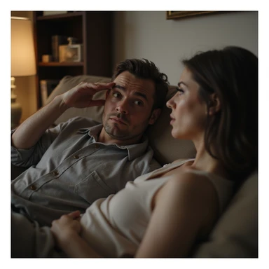 Man lying on the couch, looking insistently at a woman in the room, imploring and theatrical expression, hand on forehead, waiting for her attention, domestic environment, hyperrealistic 4K details sticker