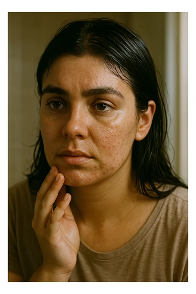 A highly realistic, cinematic close-up portrait of a young woman in her late 20s with medium skin tone, showing visible oily skin and enlarged pores on her cheeks, nose, and forehead. Her skin has a noticeable shiny appearance due to excessive sebum production, and small acne spots are visible along her jawline and chin, indicating hormonal imbalance. Her dark hair appears greasy, clumping in some areas near her scalp, emphasizing unwashed, oily hair due to overactive sebaceous glands caused by PCOS. The woman looks at herself in the mirror with a tired yet hopeful expression, gently touching her cheek with her fingertips as she observes her skin condition. The setting is a softly lit bathroom with natural daylight, and the reflection shows the detail of her skin texture and greasy hair strands. Style: 35mm hyperrealistic film, warm neutral tones with soft depth of field, focusing on the oily skin texture, visible pores, and greasy hair to clearly illustrate the visual symptoms of PCOS. in italiano sticker