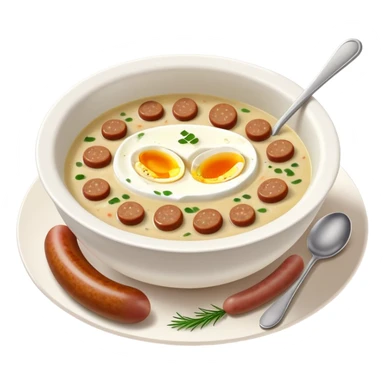 cinematic-realistic zurek-soup-dish-emoji,-depicted-as-a-tangy,-creamy-rye-soup-with-sausage-and-1 boiled egg-rendered-with-detailed-textures-and-warm,-comforting-lighting. sticker