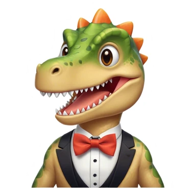 laughing face of a dinosaur with a tiebow sticker