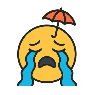 crying emoji with dramatic, over-the-top tears and a tiny umbrella, colorful outline style sticker