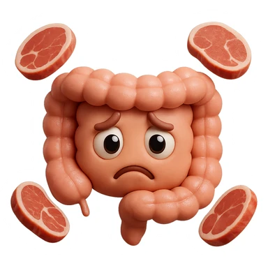 emoji stile iphone in 3d di un intestino triste con fette di carne che gli fluttuano intorno, gli occhi falli con la parte bianca pure, iperrealistico 4k sticker