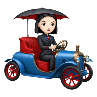 Jedi bounty hunter Wednesday Addams racing sitting in a modern blue,red and pewter steampunk electric luxury sticker