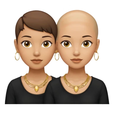 Twin sisters olive skin tone one with bald head and one with pixie brown hair cut wearing gold hoop earrings and gold necklace and black shirts sticker