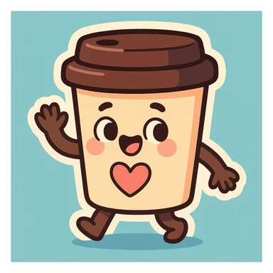 takeaway coffee cup with heart on cup, pastel colors, thick outline, graphic shadows and highlights, white border, cute cartoon style, variant 3 sticker
