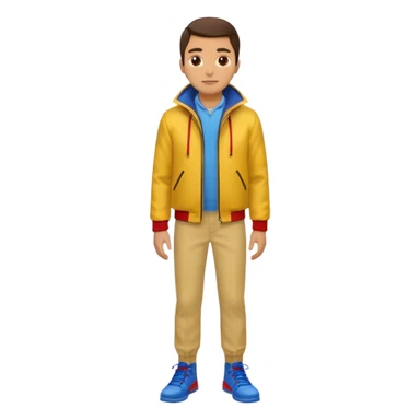 un hombre con: una chaqueta amarilla, pantalones rojos y zapatos azules. sticker