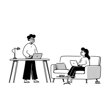 escenary 3d of a cozy mid-century living room with two people working on laptops, one man standing at a desk and one woman sitting on a couch, two walls and floor visible sticker