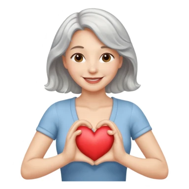 Silver hair, wavy/curly hair chin-length lady giving hug with 2 arms,  v-neck and smiling, add a heart sticker