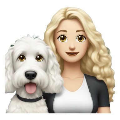 white woman with long blonde hair and cat shaped eyes wearing a yoga outfit standing alongside a black and white colored bernadoodle dog sticker