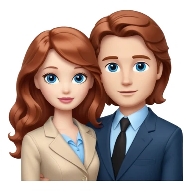 Barbie girl  , eyes blue , Chestnut red long wavy hair In pale beige clothes, Hugs a man with brown hair short haircut, brown eyes , and a black suit sticker