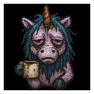 Add a dirty coffee cup in the unicorn's hoof, keep the pixel art style, unicorn remains disgusting and rumpled with bags under his eyes and a drooping horn. The style should be pixel art. sticker