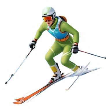 An icon featuring snowy peaks, pine trees, and a picturesque mountain landscape with a skier racing down a snow-covered slope, The sky is blue with soft clouds, capturing the thrill and beauty of alpine skiing. Transparent background highlights the excitement and serenity of winter sports. sticker