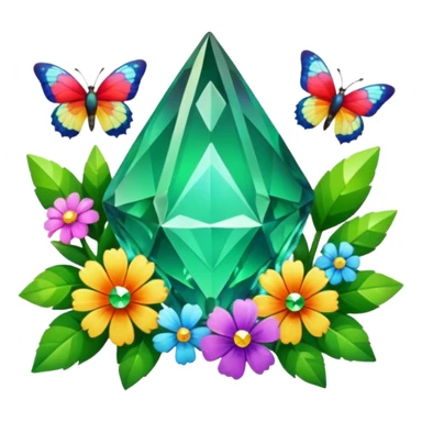 Green Crystal with rune among flowers and butterflies and magic and colourful Crystals sticker