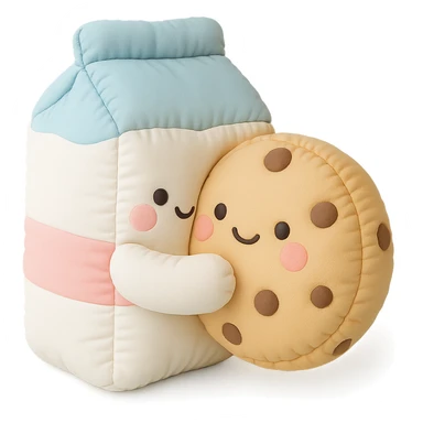 a cushion style milk carton hugging a cookie, both with cute faces, soft and puffy look, pastel palette sticker