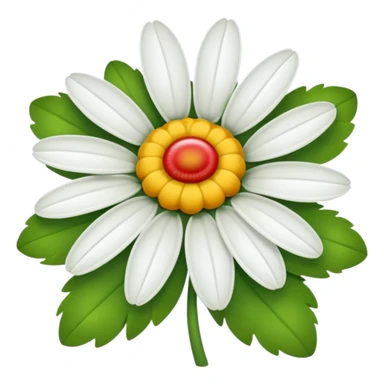 A daisy with ten petals, with green, red and white petals and a yellow centre. sticker