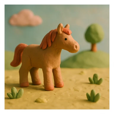 horse standing in a field, pastel colors, visible fingerprints, playful and textured, claymation style sticker