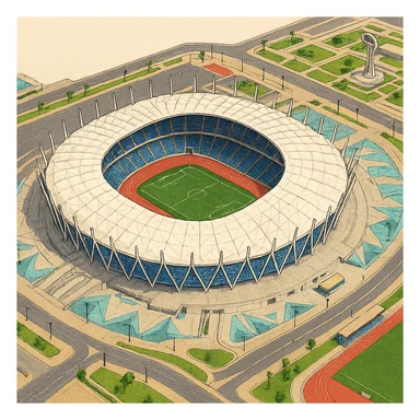 Изометричная, яркая, детализированная и фотореалистичная иллюстрация стадиона New Administrative Capital Stadium Egypt в стиле 3D-коллажей городов, насыщенные цвета, аккуратные и чёткие линии, мультяшно-реалистичная стилистика. Чёткие контуры, не размазанные линии, прозрачный фон, высокое качество. sticker