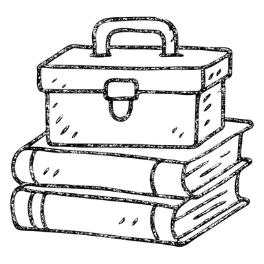 minimalist hand-drawn outlined icon representing Resources with books, toolbox, or stack of files, worn and distressed sticker