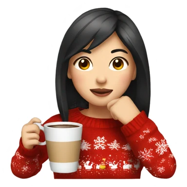 asian girl drinking coffee wearing Christmas sweater sticker