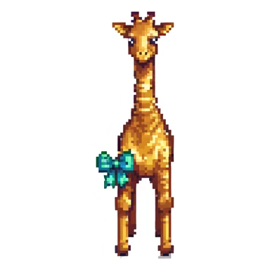 Enlarge the giraffe and the bow in the image, maintaining the same pixel art style, with no background. sticker
