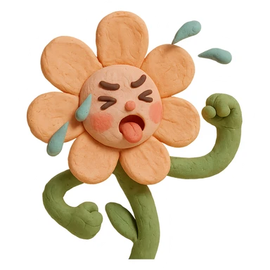 soft peach cosmos flower with a flushed, panting face doing exercise, sweat flying off in exaggerated style, gentle pastel palette, claymation style sticker