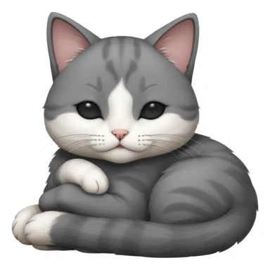 dark grey and white small cat with his eyes closed, leaning his head on his paw while leaning on his elbow lying down sticker