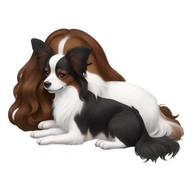 black and white papillon with a white brown hair girl sleeping  sticker