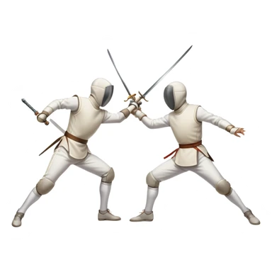 Round two fencers in dynamic poses, one attacking and the other defending with a sword. The swords cross in the center, representing skill, precision, and speed. The background includes subtle fencing gear elements, emphasizing the sport’s elegance and strategy.  sticker