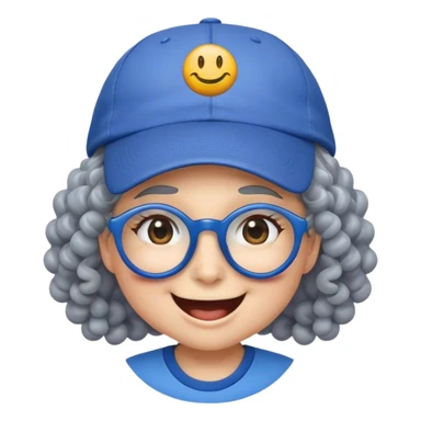 yellow female smiley face emoji, big smile, winking, wearing a blue ballcap backwards, grey curly hair, glasses, no eye color sticker