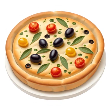 cinematic-realistic-isometric focaccia-bread-dish-emoji,-depicted-as-a-golden,-olive-oil-brushed-flatbread-sprinkled-with-herbs-rendered-with-lifelike-texture-and-soft,-appetizing-lighting showing olives on top and the cherry tomatoes sticker