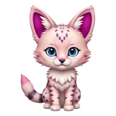 Whitish pastel-rosy-pink chibi cute elegant furry kawaii Serval, with magenta markings, and with big blue eyes,  sticker