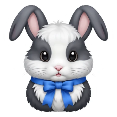 a white and black realistic domestic rabbit with a blue ribbon on its neck sticker