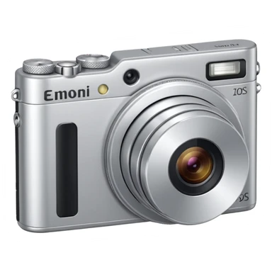 compact fully silver digital camera with a circular extended lens, metallic finish, small built-in flash and minimal buttons. from a slight 45 degreee angle facing the left sticker